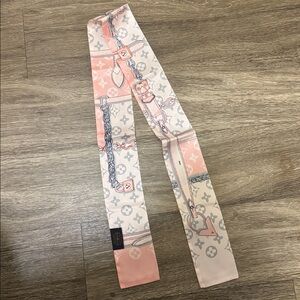 Designer Inspired Pink & Gray Silk Twilly Scarf with gorgeous Hardware Print